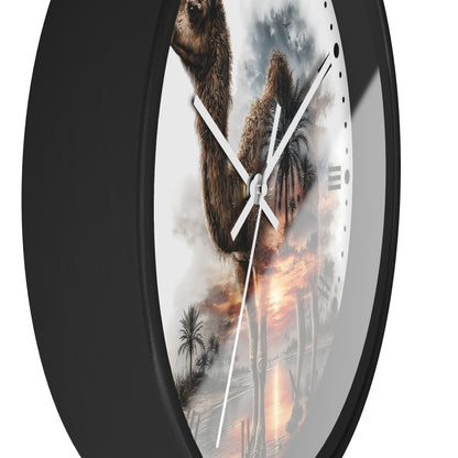 Round wall clock with a black frame and a printed camel landscape design on the face, shown against a plain white background.