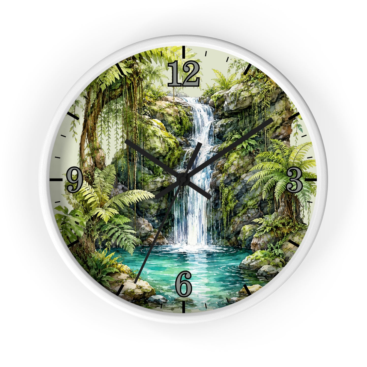 A round wall clock with a white frame and a printed tropical jungle scene featuring a waterfall, lush green ferns, rocks, and turquoise water. The clock face has black Arabic numerals for hours and black clock hands.