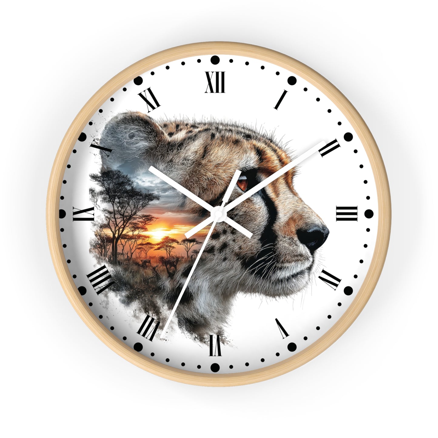 Round wall clock with a light wood frame, white face, black Roman numerals, and a large cheetah portrait with a sunset savanna scene composited behind it. The clock is centered on a light gray background.