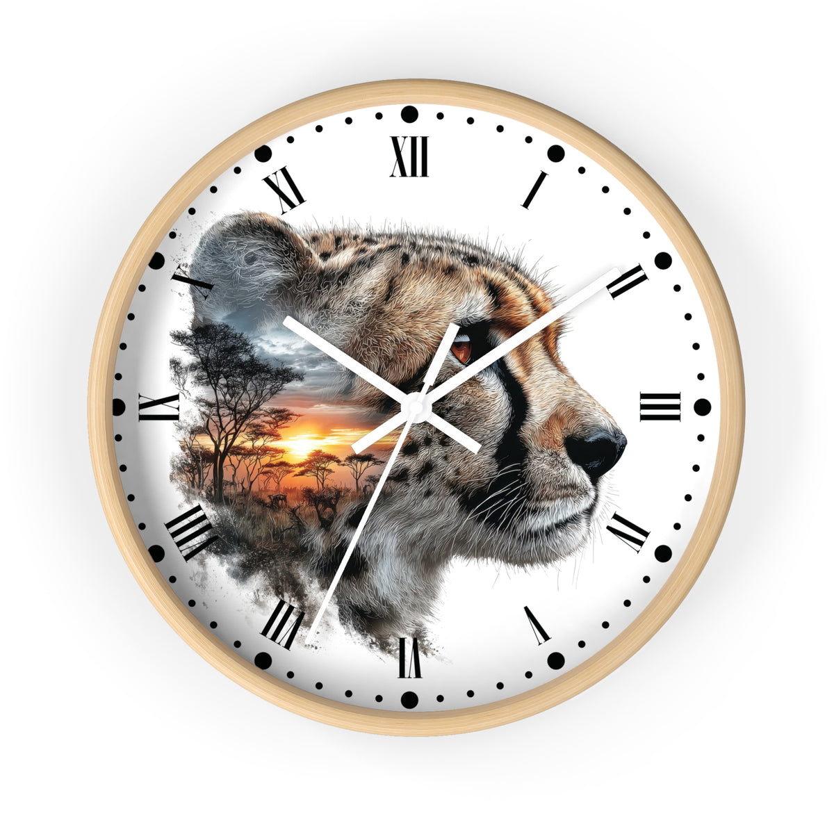 Round wall clock with a light wood frame, white face, black Roman numerals, and a large cheetah portrait with a sunset savanna scene composited behind it. The clock is centered on a light gray background.