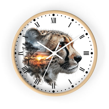 Round wall clock with a light wood frame, white face, black Roman numerals, and a large cheetah portrait with a sunset savanna scene composited behind it. The clock is centered on a light gray background.
