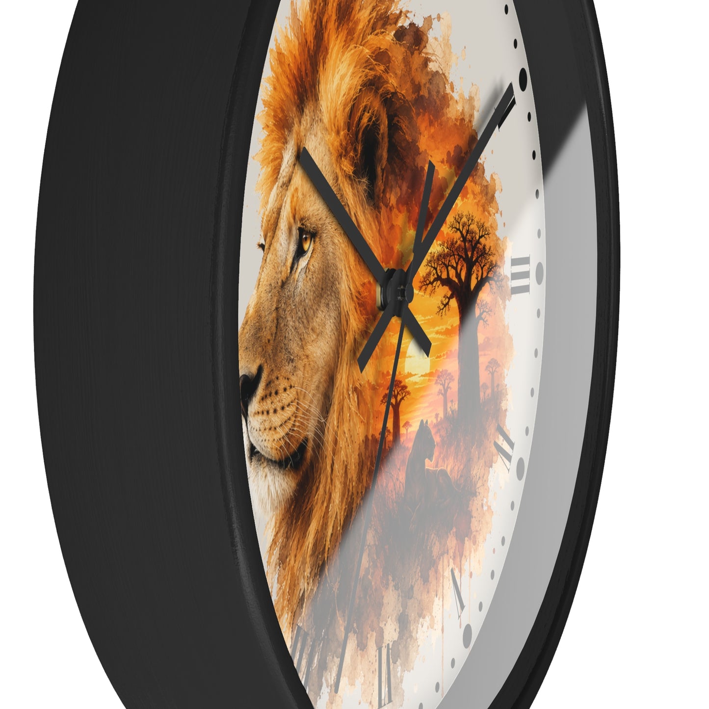 A round wall clock with a black frame and a printed face featuring a lion in profile over an orange sunset scene with tree silhouettes.