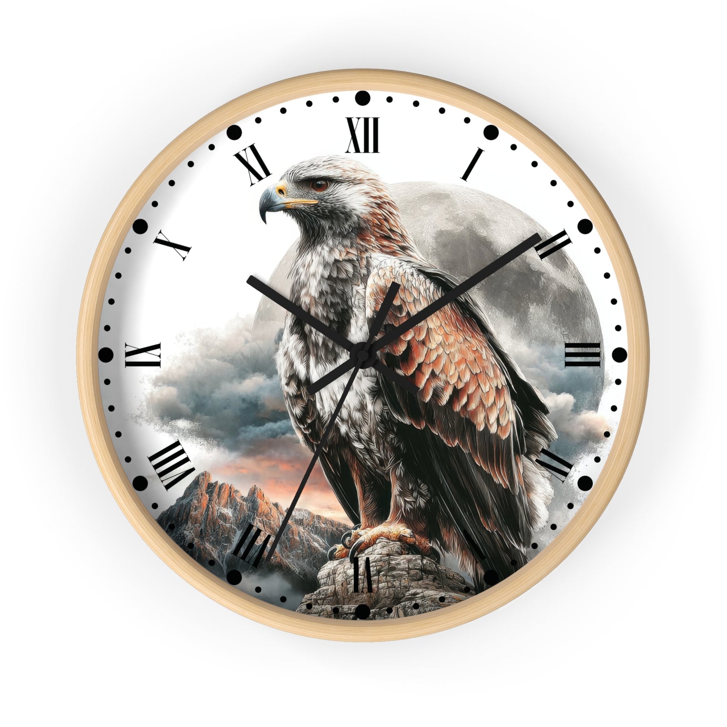 Round wall clock with a light wood frame and a printed design of a large brown and white eagle perched on a rock against a cloudy sky. The clock face is white with black Roman numerals and black clock hands.