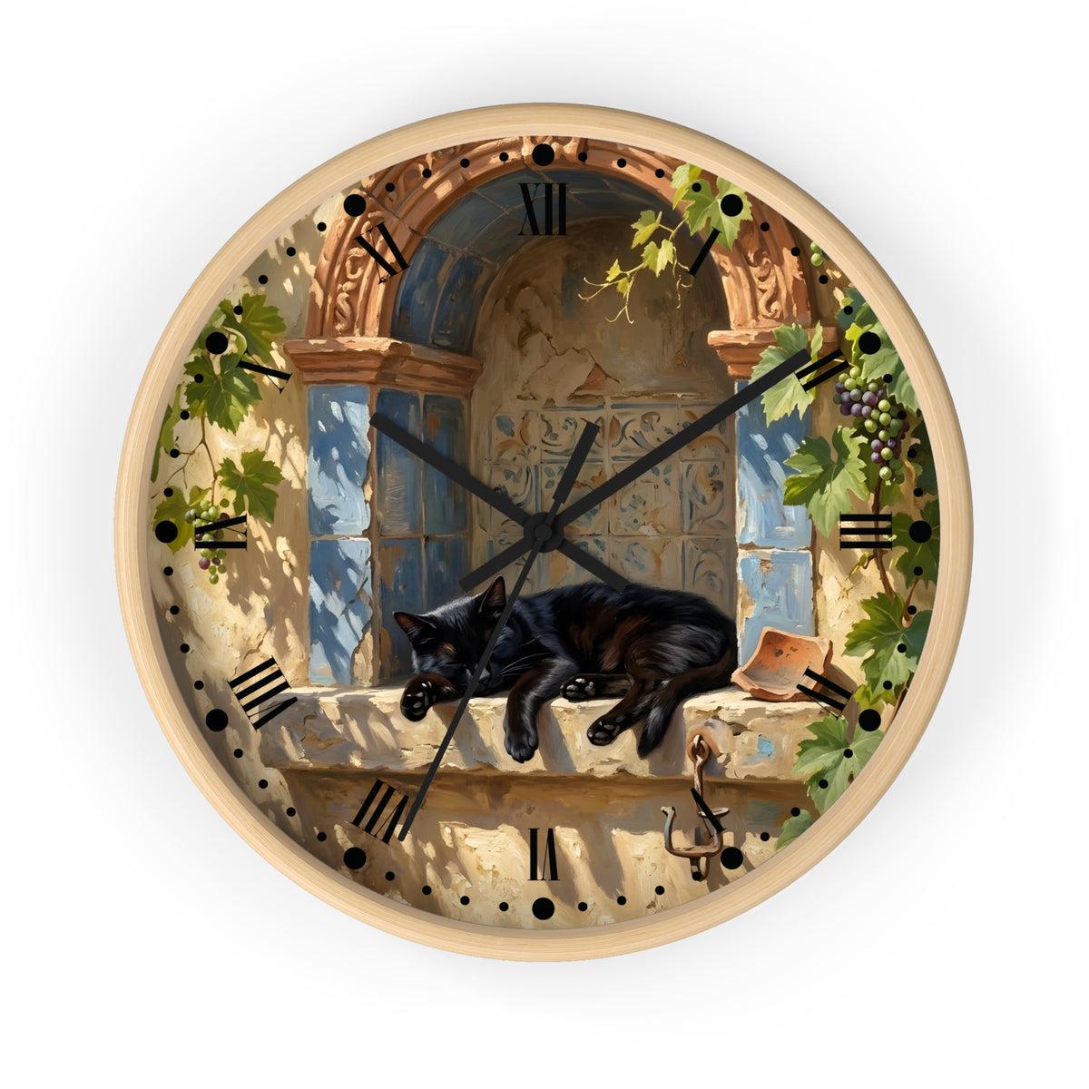 Round wall clock with a light wood frame and a printed illustration of a black cat lounging on a stone windowsill in front of blue shutters and climbing vines, with black Roman numerals and black clock hands.
