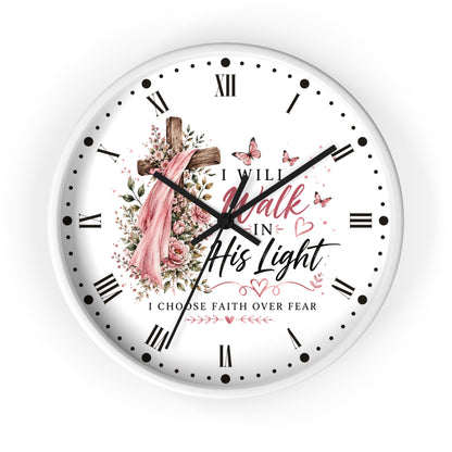 I Will Walk in His Light Wall Clock — Floral Cross Christian Cancer Awareness Gift