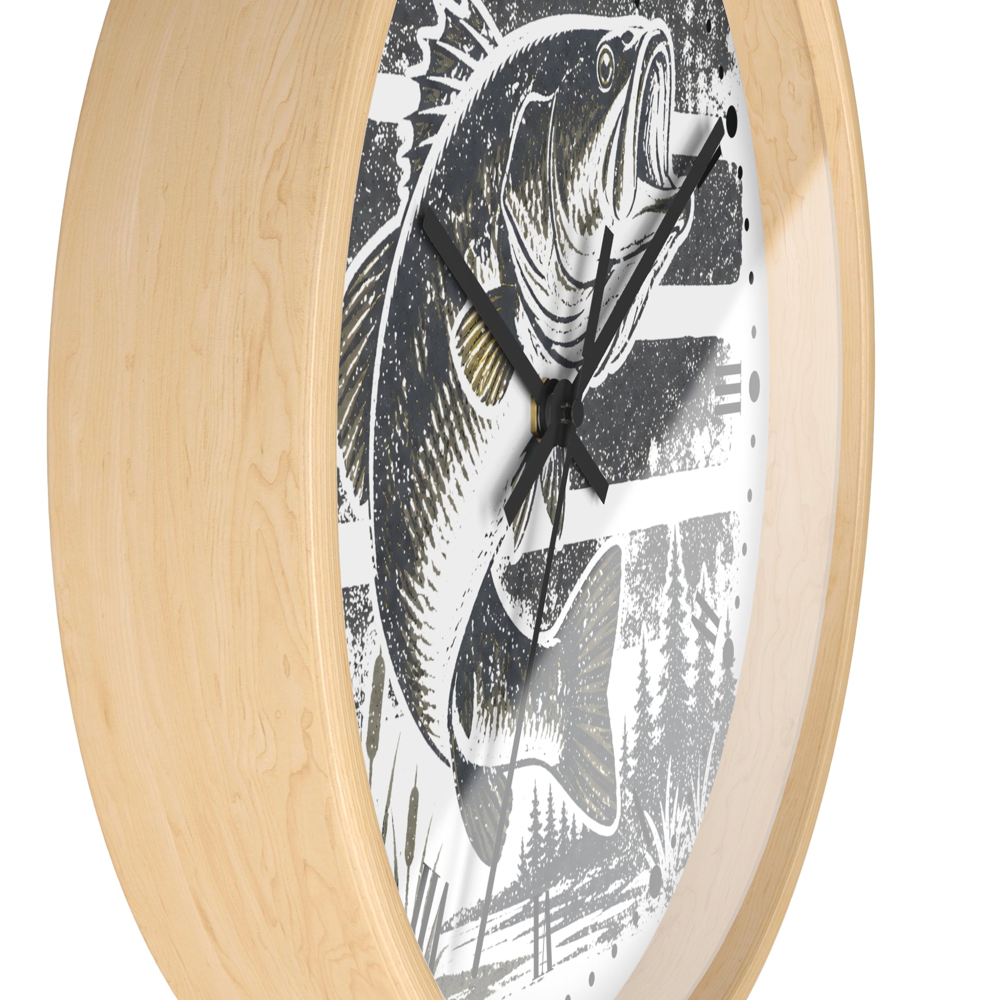 Round wall clock with a light natural wood frame and a graphic print of a largemouth bass fish in black, white, and gray, with black clock hands.