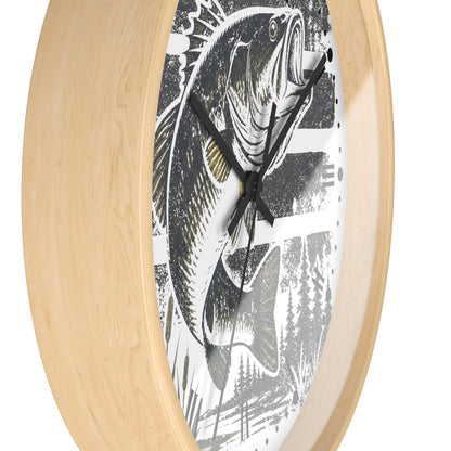 Round wall clock with a light natural wood frame and a graphic print of a largemouth bass fish in black, white, and gray, with black clock hands.