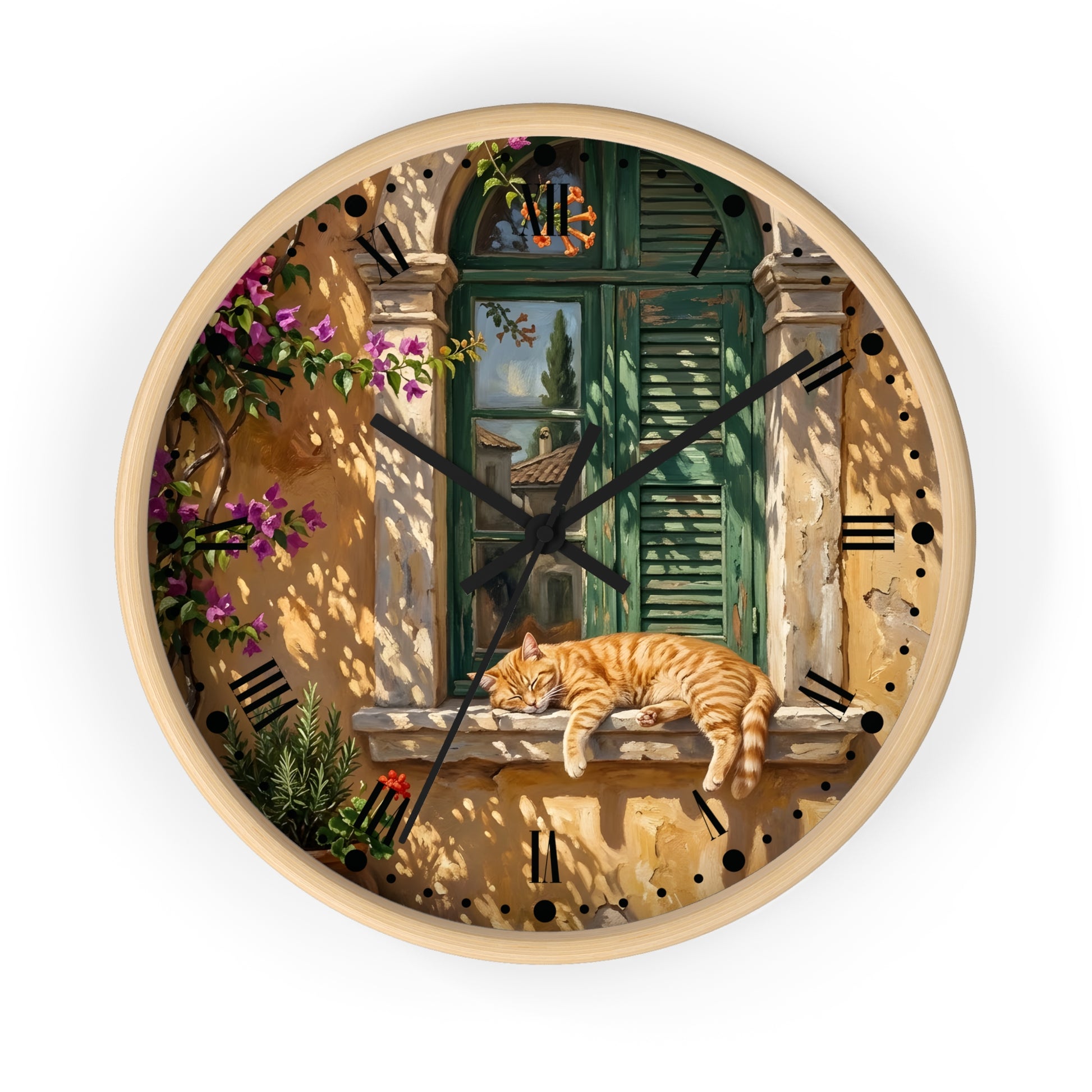 Round wall clock with a light wood frame and a printed scenic design featuring a green shuttered window, warm beige walls, black Roman numerals, and an orange tabby cat resting on a windowsill. Black clock hands are visible against a plain white background.