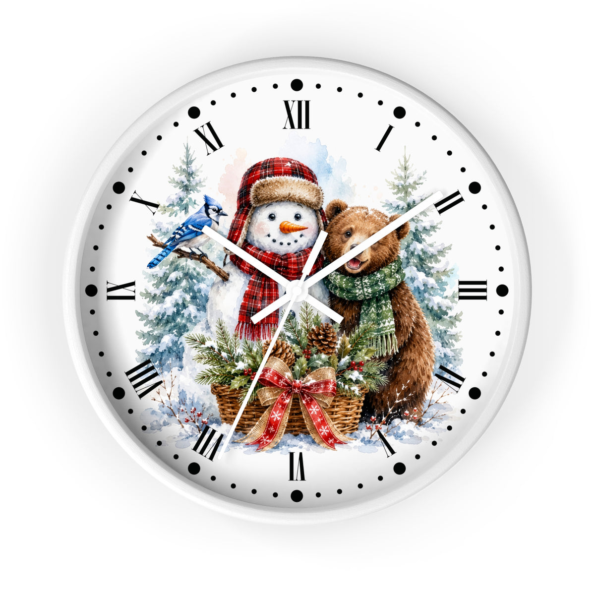A round wall clock with a white face and black Roman numerals, featuring a festive winter illustration of a snowman in a red plaid hat, a bluebird, a brown bear, evergreen trees, and a basket of pinecones and ornaments.