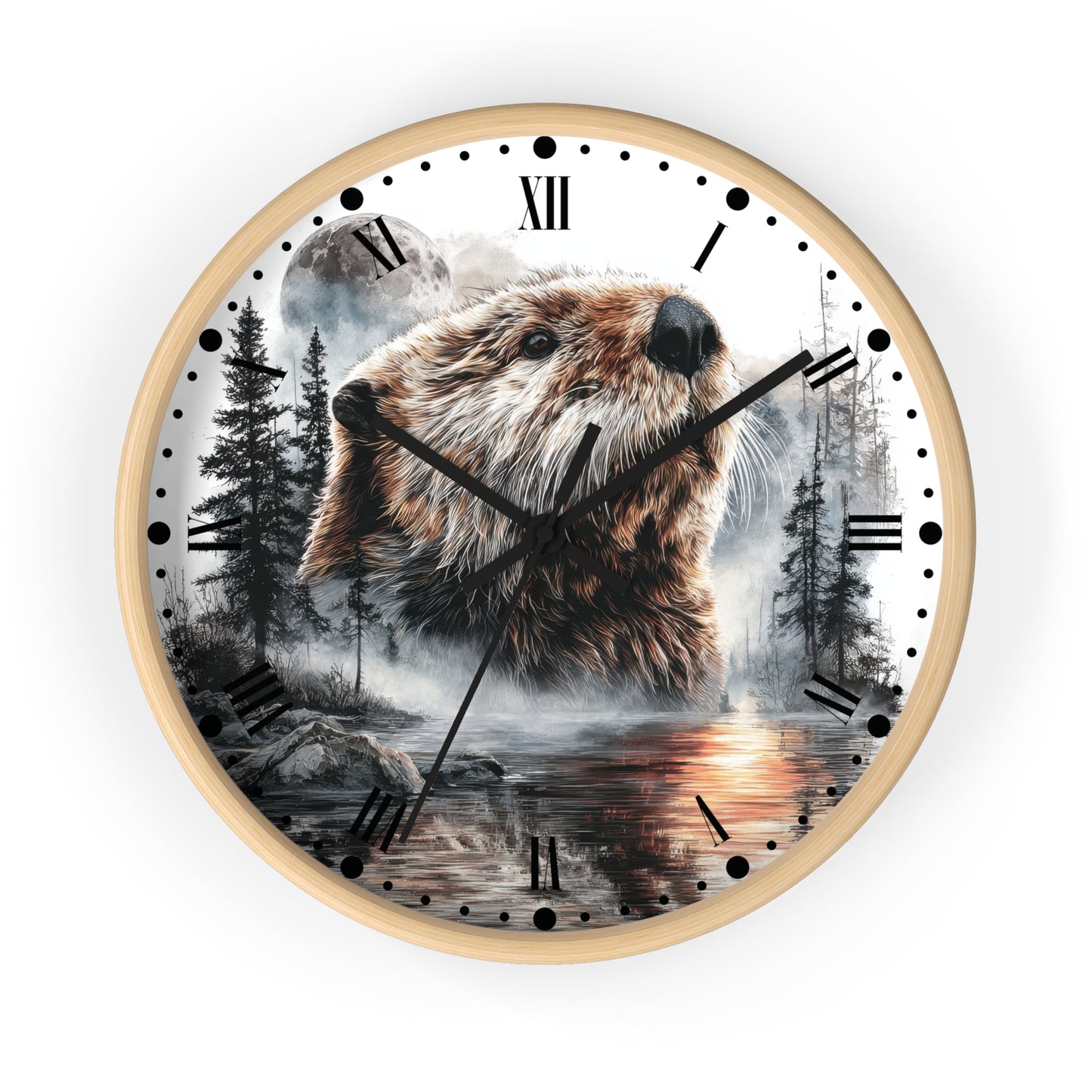 Round wall clock with a light wood frame and a printed scenic dial showing a beaver in a forest by water, with black Roman numerals and black hands, on a white background.