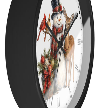 Christmas Snowman & Deer Wall Clock – Rustic Holiday Home Décor