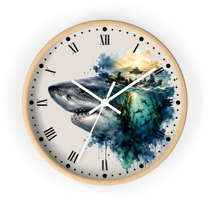 Ocean Shark & Seals Wall Clock — Watercolor Ship Nautical Art Decor
