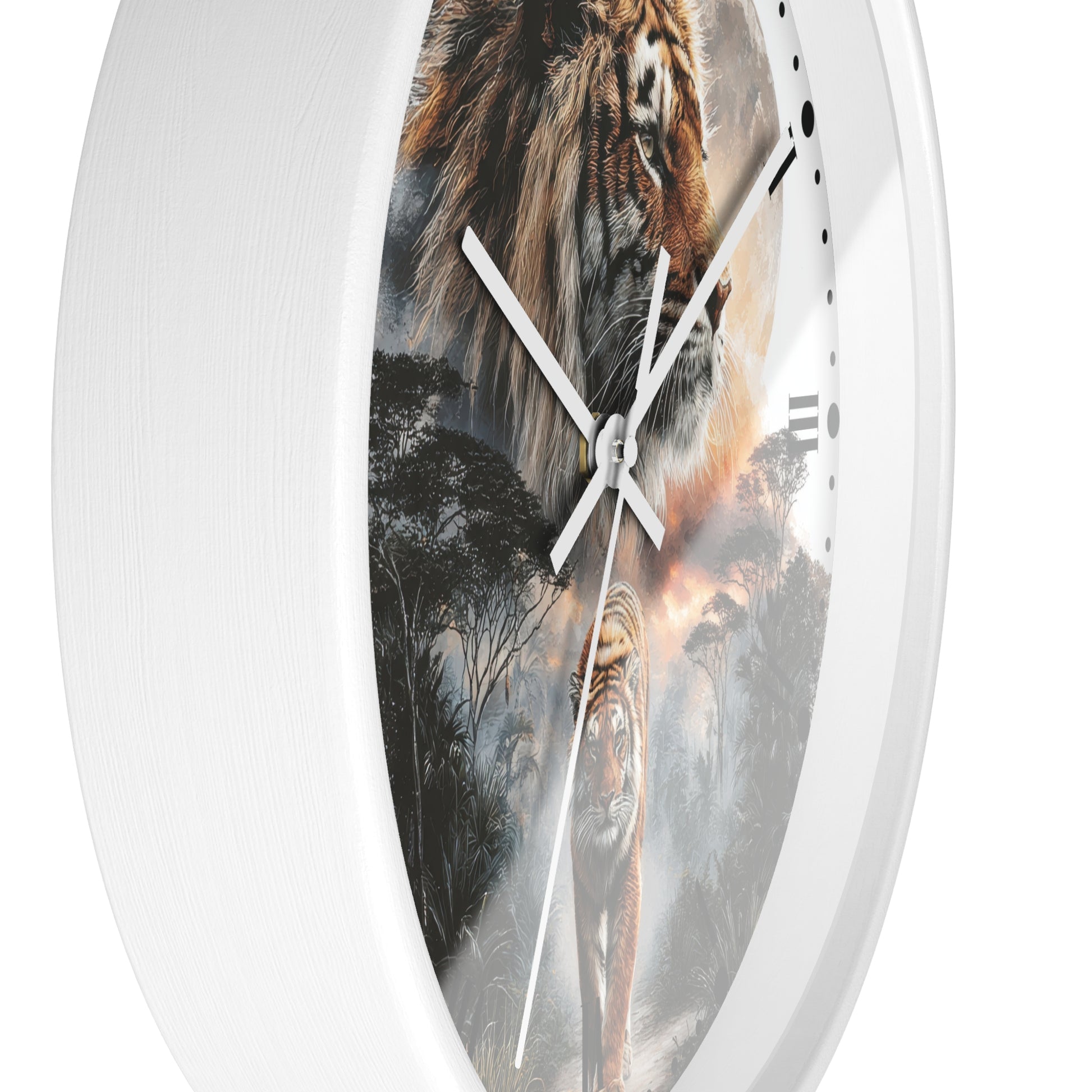 A white oval wall clock featuring a printed scenic design with a tiger head on the top half and a tiger walking a path on the bottom half, shown against a plain white background.