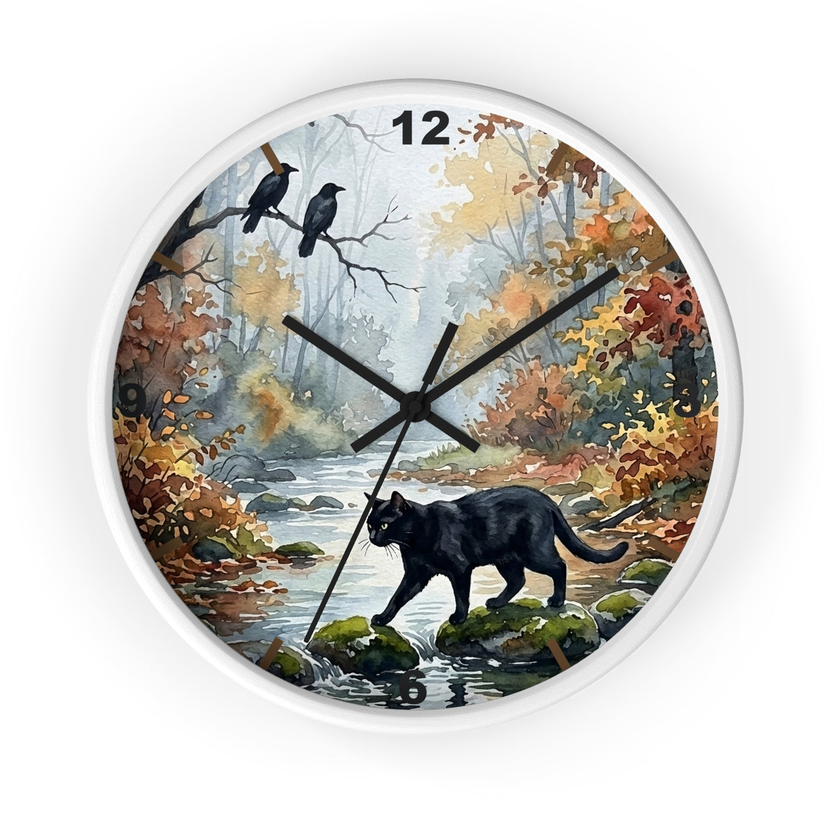 A round wall clock with a white frame and a printed autumn forest scene on the face. The artwork shows a black cat walking along a stream, two crows on branches, and colorful fall foliage.