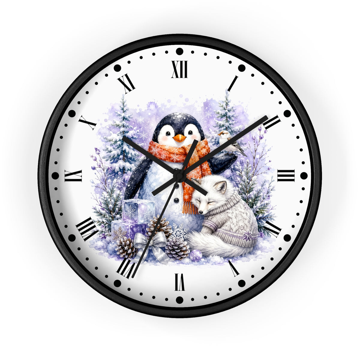 A round wall clock with a black frame and a white face featuring a winter illustration of a penguin in an orange scarf, a white fox, pine trees, and snow. The clock has black Roman numerals and black hands on a plain white background.