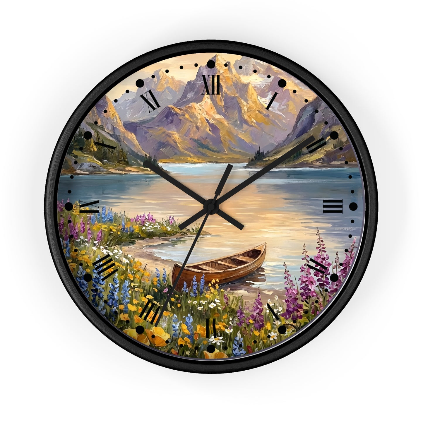 A round wall clock with a black frame and a scenic landscape print featuring mountains, a lake, a canoe, and wildflowers. The clock face has black Roman numerals and black hands, shown against a plain white background.