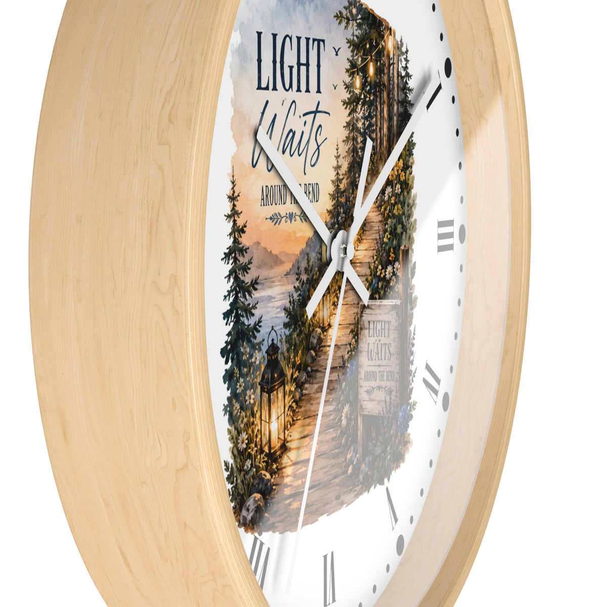 Rustic Lantern Christian Wall Clock — "Light Waits Around the Bend" Bible Verse Decor