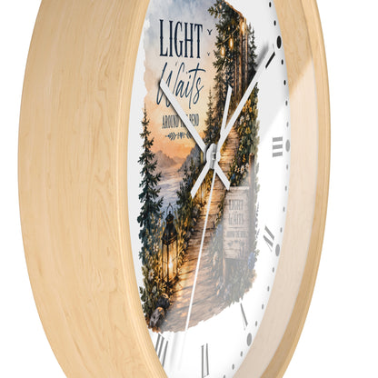 Rustic Lantern Christian Wall Clock — "Light Waits Around the Bend" Bible Verse Decor