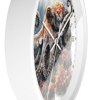 A white round wall clock with a printed octopus and coral reef design on the face, shown against a plain white background.
