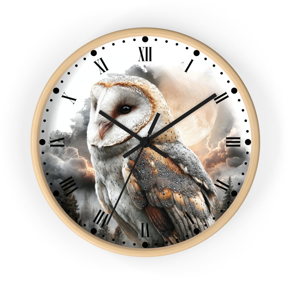 A round wall clock with a light wood frame and a printed owl design on the face. The clock features black Roman numerals, black hands, and a scenic background with clouds, trees, and a moon.