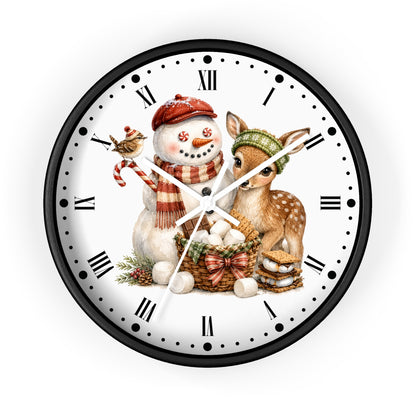 A round wall clock with a black frame and a white face featuring a festive illustration of a snowman in a red hat and scarf, a small bird, a deer, and a basket of eggs. The clock uses Roman numerals for hour markers and has black hands.
