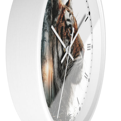 A round white wall clock with a printed tiger face and forest scene on the face, with white hands and black Roman numerals, shown against a white background.