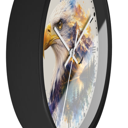 Round wall clock with a black frame and a printed face featuring a detailed bald eagle head over a colorful mountain and forest landscape.