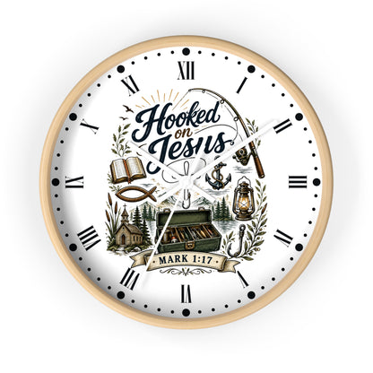 Hooked on Jesus Wall Clock — Christian Fishing & Faith Decor (Mark 1:17)