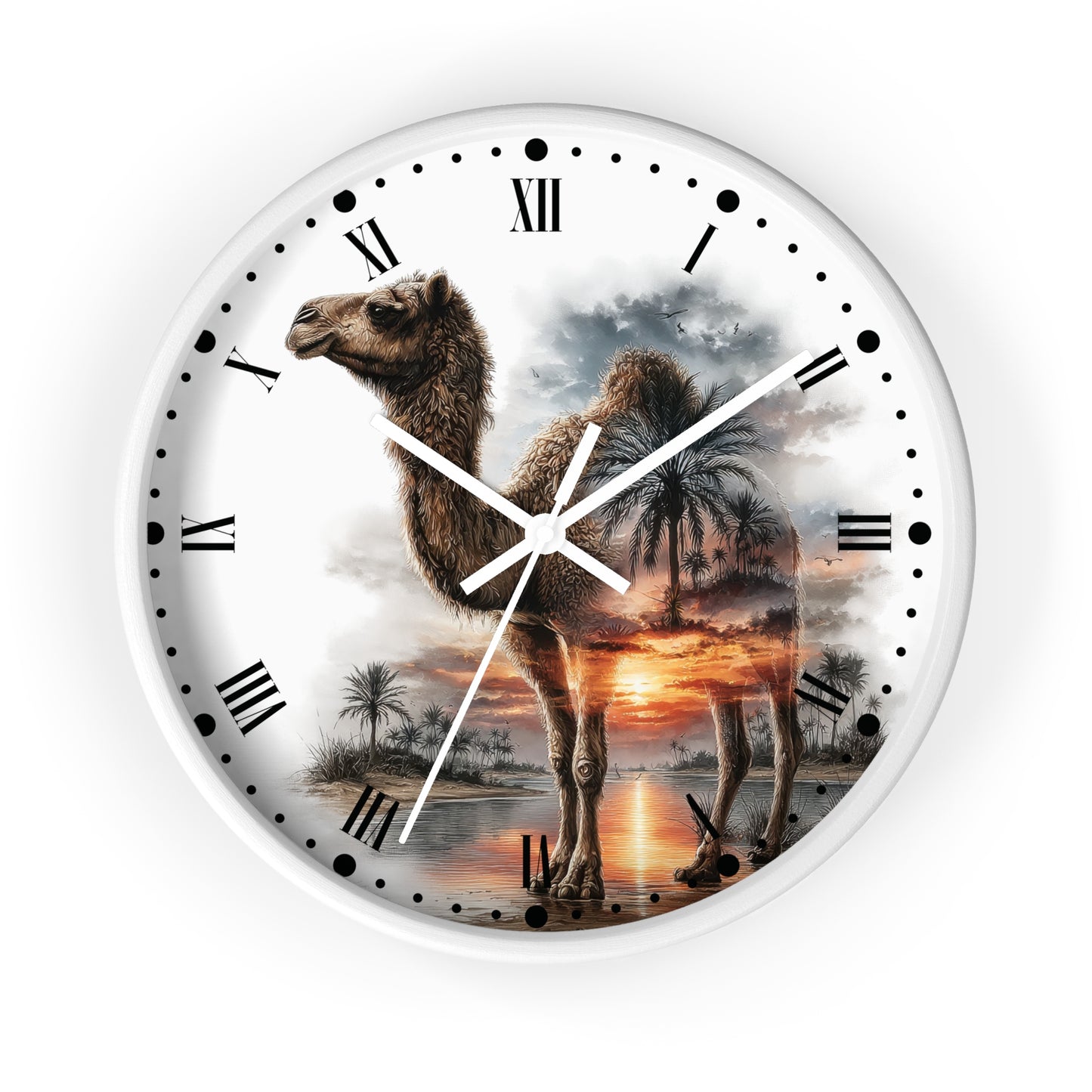 Round wall clock with a white frame and a printed camel landscape design, featuring Roman numerals, black dot hour markers, white clock hands, and a sunset scene with palm trees.
