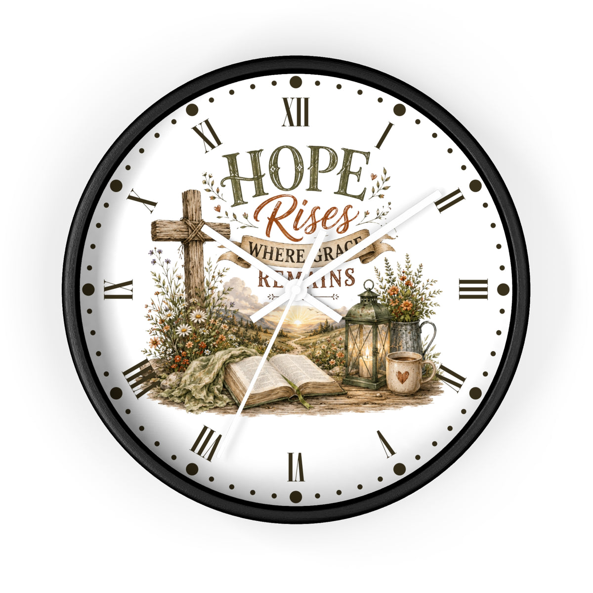 Christian Inspirational Wall Clock — "Hope Rises Where Grace Remains" Farmhouse Decor