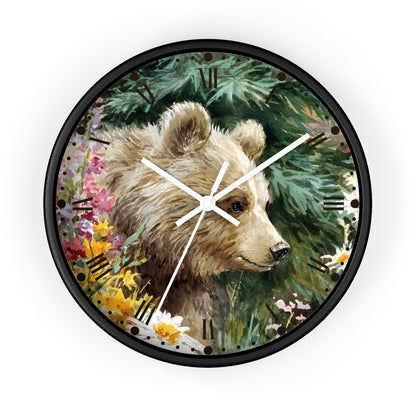 Bear Cub Floral Wall Clock — Rustic Woodland Nursery Decor