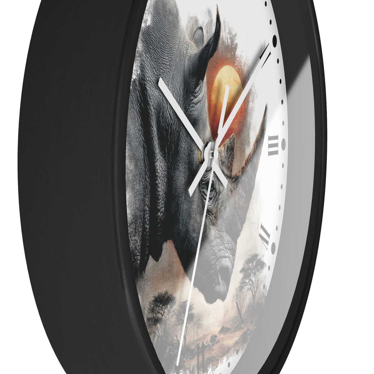 A round wall clock with a black frame and a printed rhinoceros artwork on the face, shown against a plain white background.