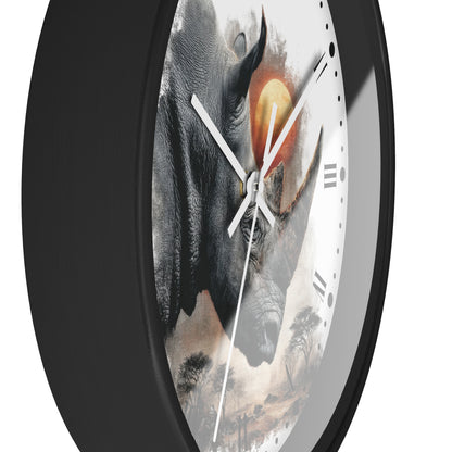 A round wall clock with a black frame and a printed rhinoceros artwork on the face, shown against a plain white background.