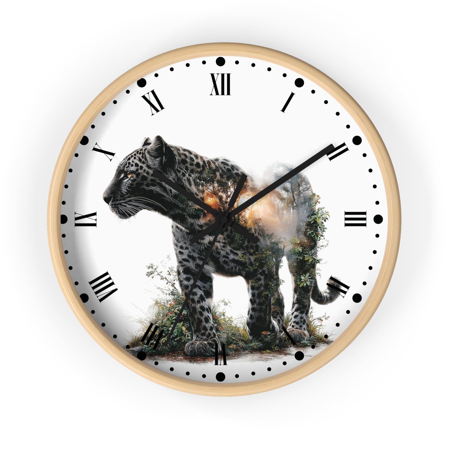 A round wall clock with a light wood frame and a white face featuring a detailed illustration of a leopard in the center. The clock has black Roman numerals and hour markers, black hands, and a soft shadow on a white background.