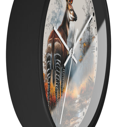 Round wall clock with a black frame and a printed nature scene featuring a brown antelope standing in a misty forest, with white clock hands on a white background.