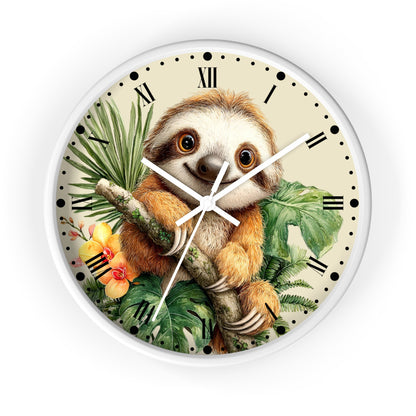 Round wall clock featuring a detailed illustration of a smiling sloth holding a branch among tropical green leaves and yellow flowers on a cream background with black Roman numerals.