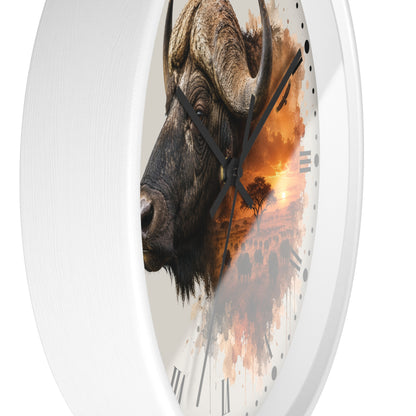 A round wall clock with a white frame and a printed design featuring a close-up side profile of a buffalo over an orange sunset landscape, shown against a plain white background.