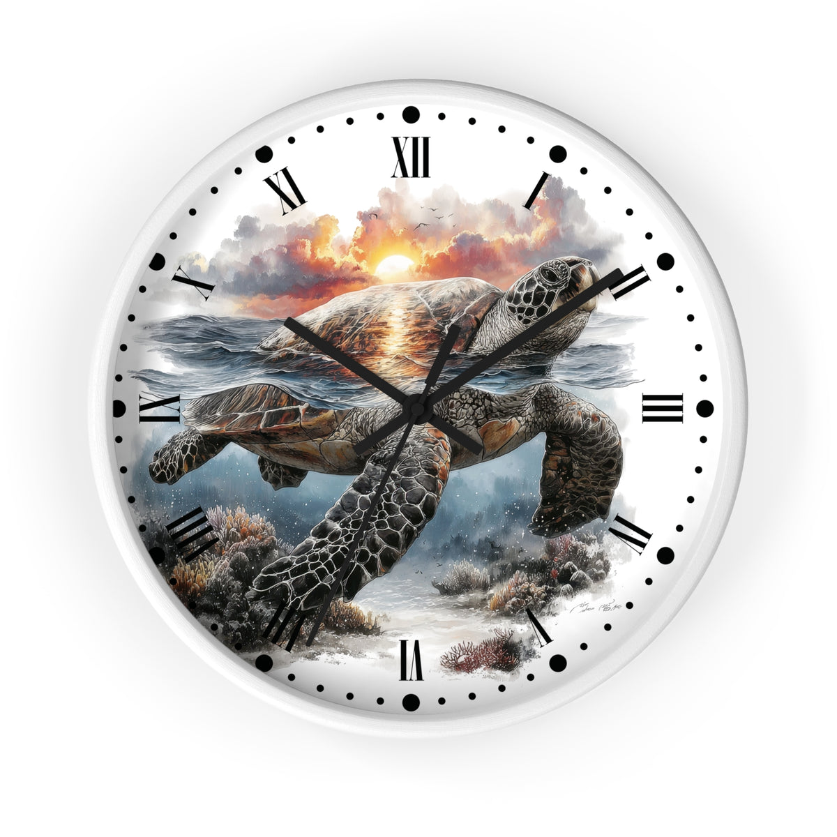 Round wall clock with a white frame and a printed sea turtle underwater scene, featuring Roman numerals and black hands on a white background.