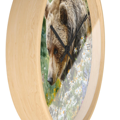 Grizzly Bear in Wildflower Meadow Wall Clock — Rustic Nature Animal Decor