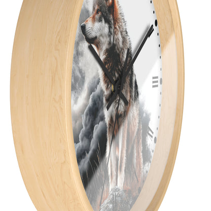 Round wall clock with a light natural wood frame and a printed wolf design on the face, shown against a plain white background.