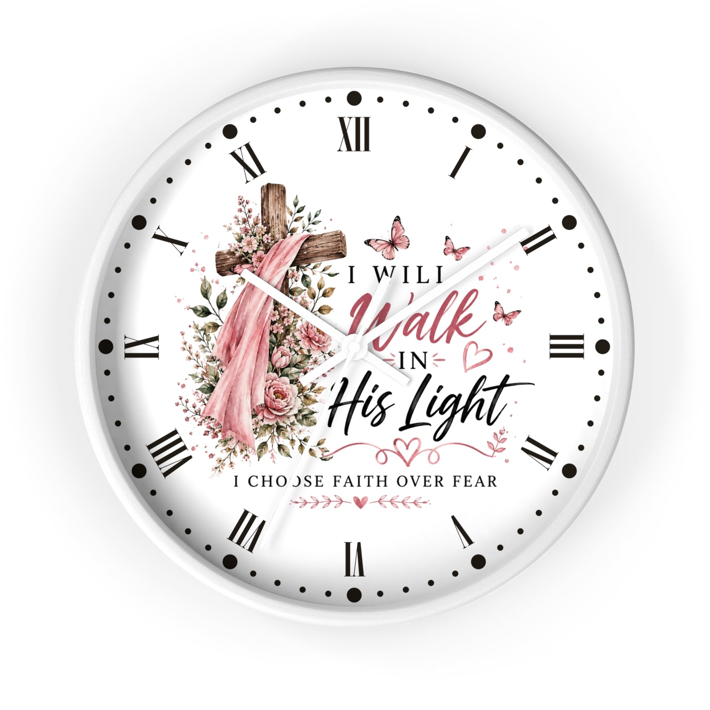 I Will Walk in His Light Wall Clock — Floral Cross Christian Cancer Awareness Gift