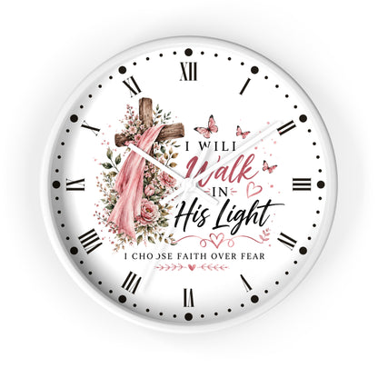 I Will Walk in His Light Wall Clock — Floral Cross Christian Cancer Awareness Gift