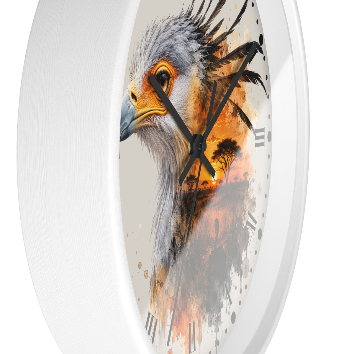 A white round wall clock with a printed bird and sunset artwork on the face, shown against a plain white background.