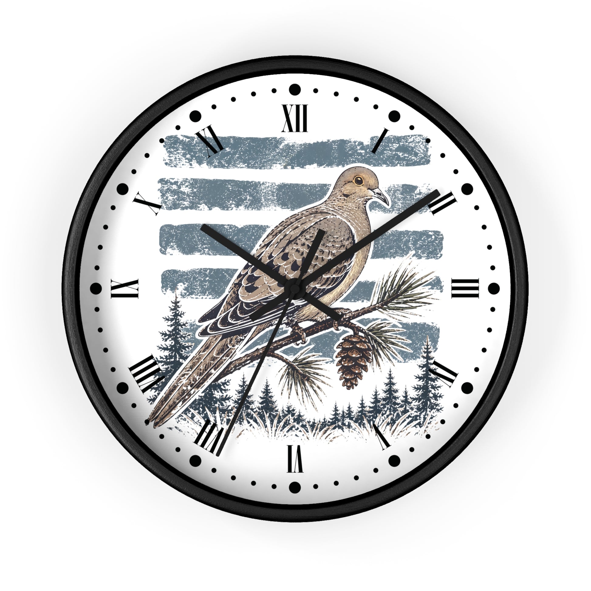 A round wall clock with a black frame and a white face featuring a detailed illustration of a brown dove bird perched on a pine branch, with blue-gray brushstroke stripes and a forest scene behind it.