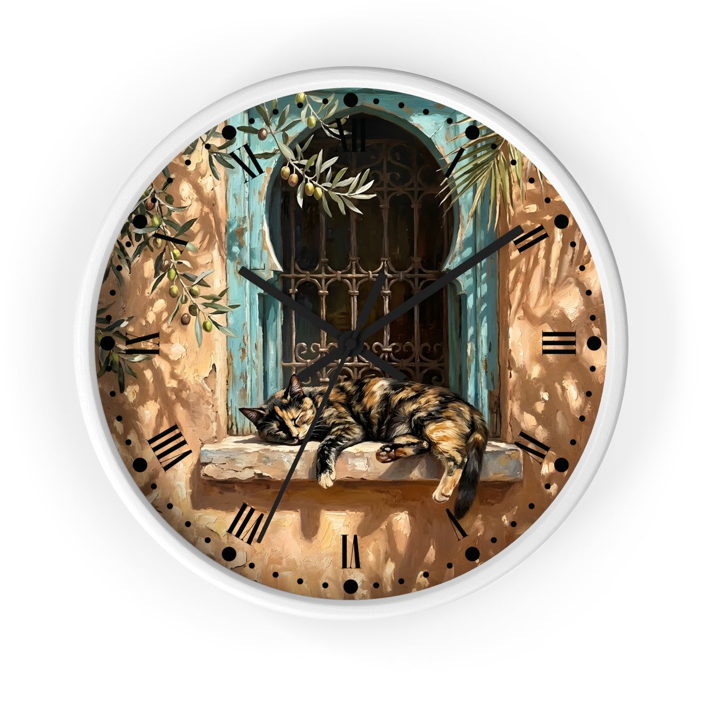 Mediterranean Torte Cat Wall Clock — Sleeping Calico Tabby Window Scene