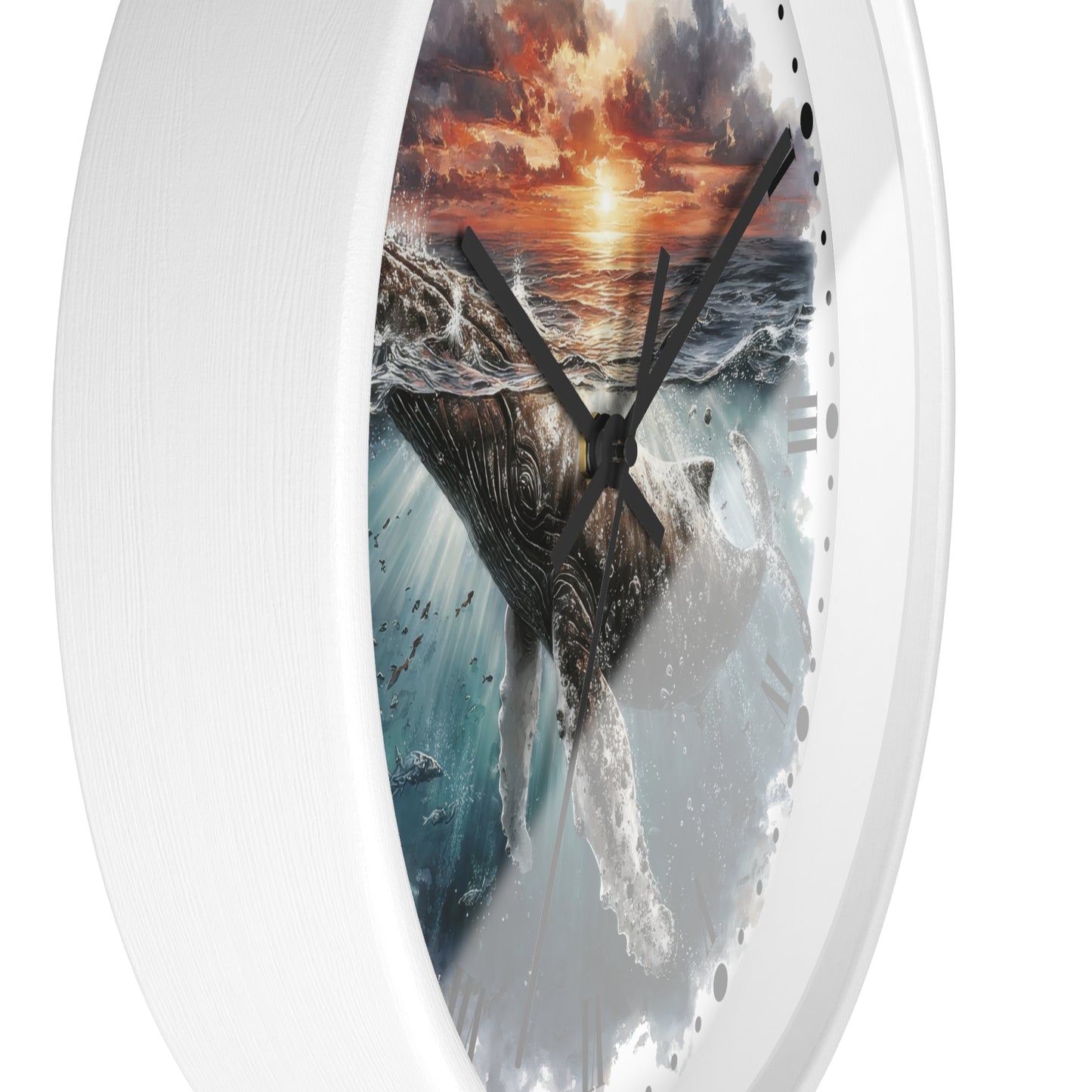 A white round wall clock with a printed ocean scene featuring a whale, waves, and a dramatic sunset sky on the face.