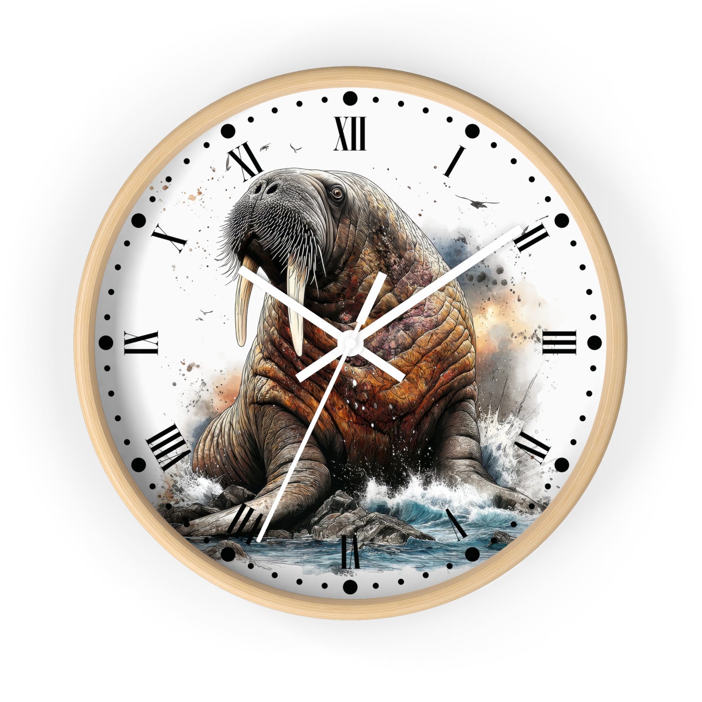 A round wall clock with a white face featuring a detailed illustration of a walrus sitting on rocks in the water, with Roman numerals and white clock hands.