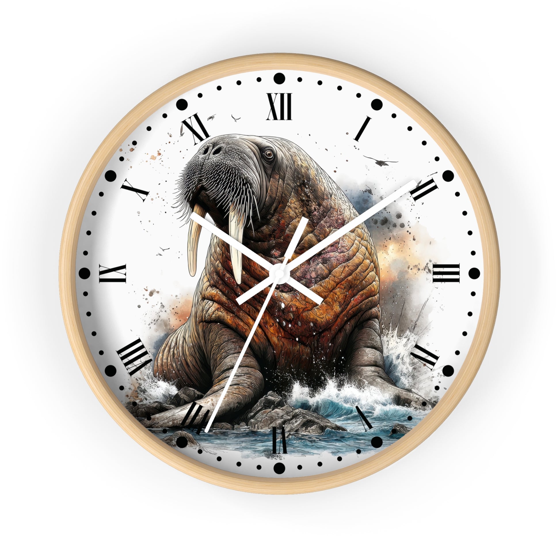 A round wall clock with a white face featuring a detailed illustration of a walrus sitting on rocks in the water, with Roman numerals and white clock hands.