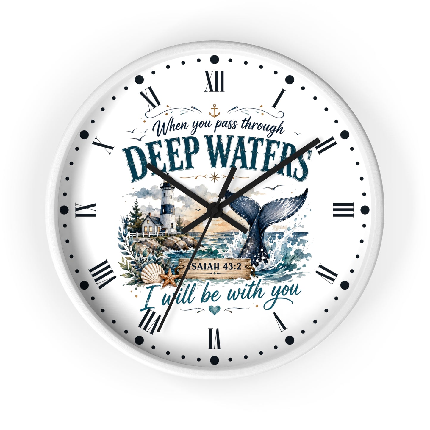 Inspirational Lighthouse Bible Verse Wall Clock — "When You Pass Through Deep Waters" (Isaiah 43:2)