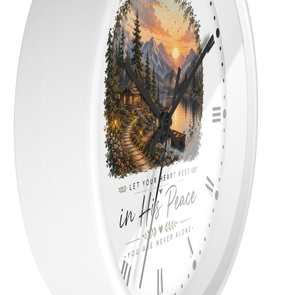 Scenic Cabin Christian Wall Clock - 'In His Peace Let Your Heart Rest'